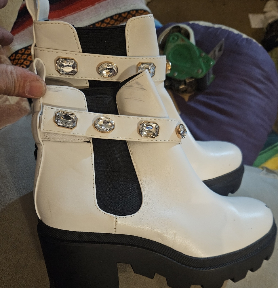 Women's Platform 3/4 White Fashion Ankle boot with Faux Stones